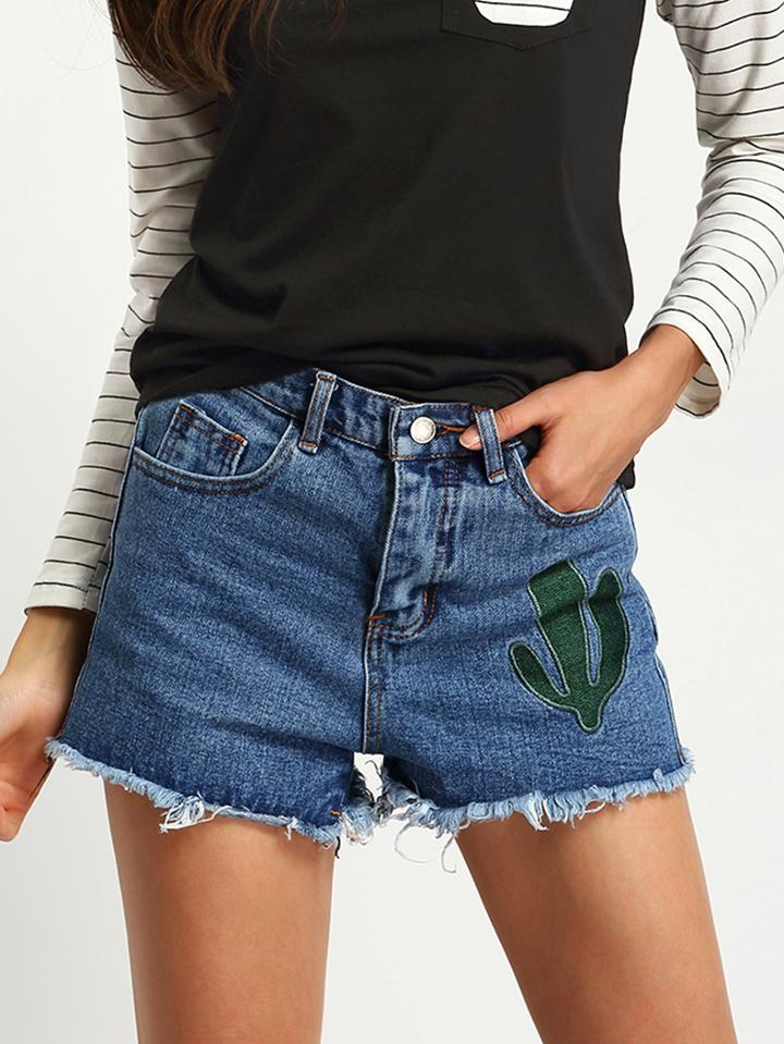 Romwe Cactus Embroidered Frayed Denim Shorts