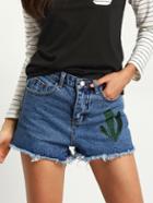 Romwe Cactus Embroidered Frayed Denim Shorts