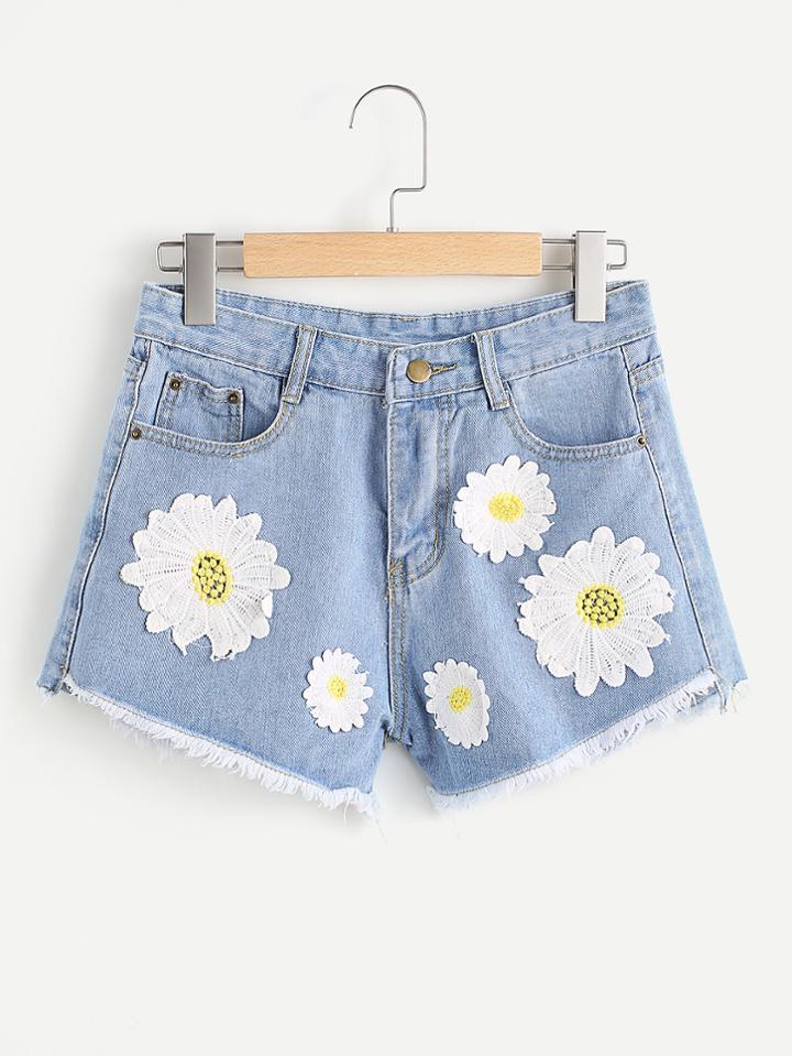 Romwe Floral Applique Fray Hem Denim Shorts