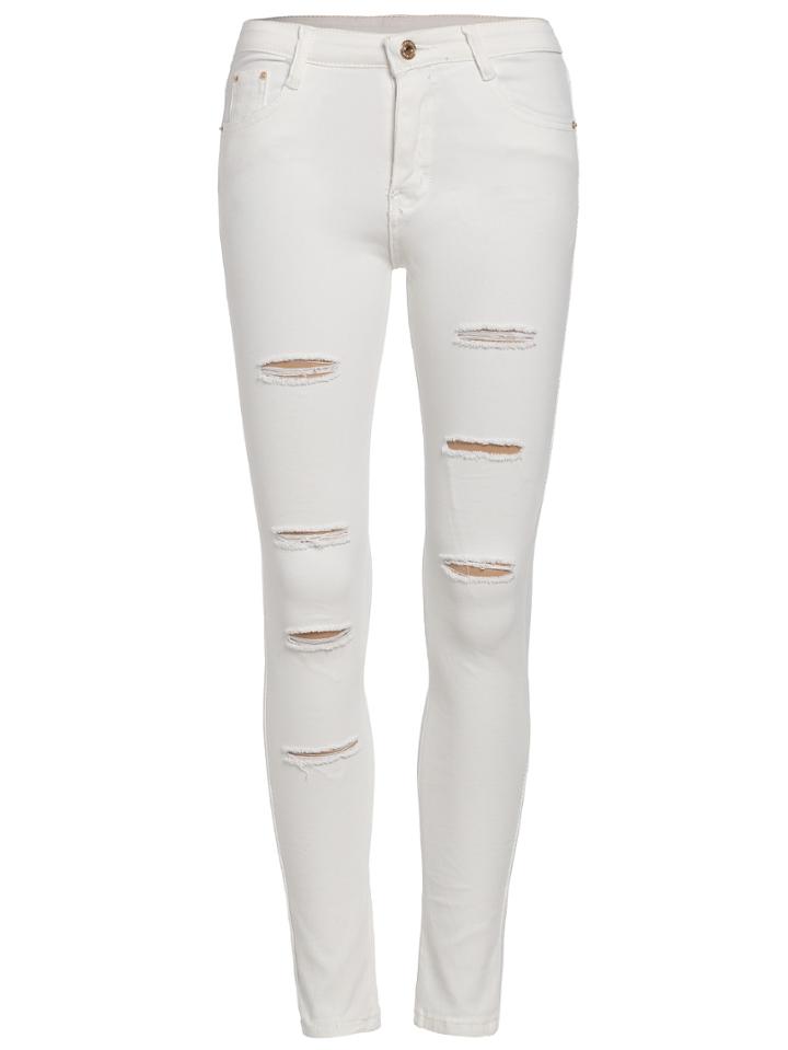 Romwe Ripped Denim Slim White Pant