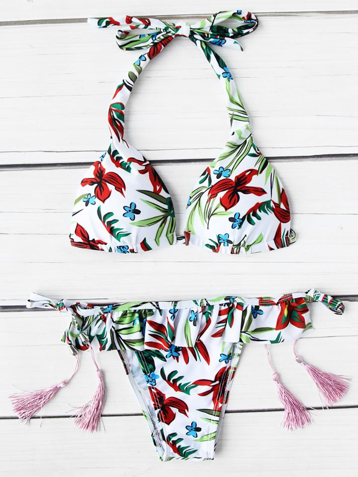 Romwe Calico Ruffle Trim Tassel Tie Bikini Set