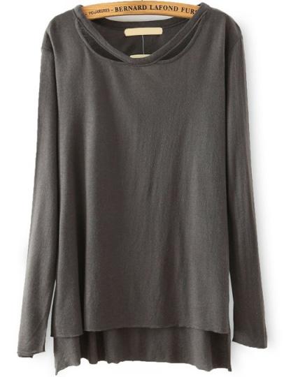 Romwe Long Sleeve Dip Hem Brown T-shirt
