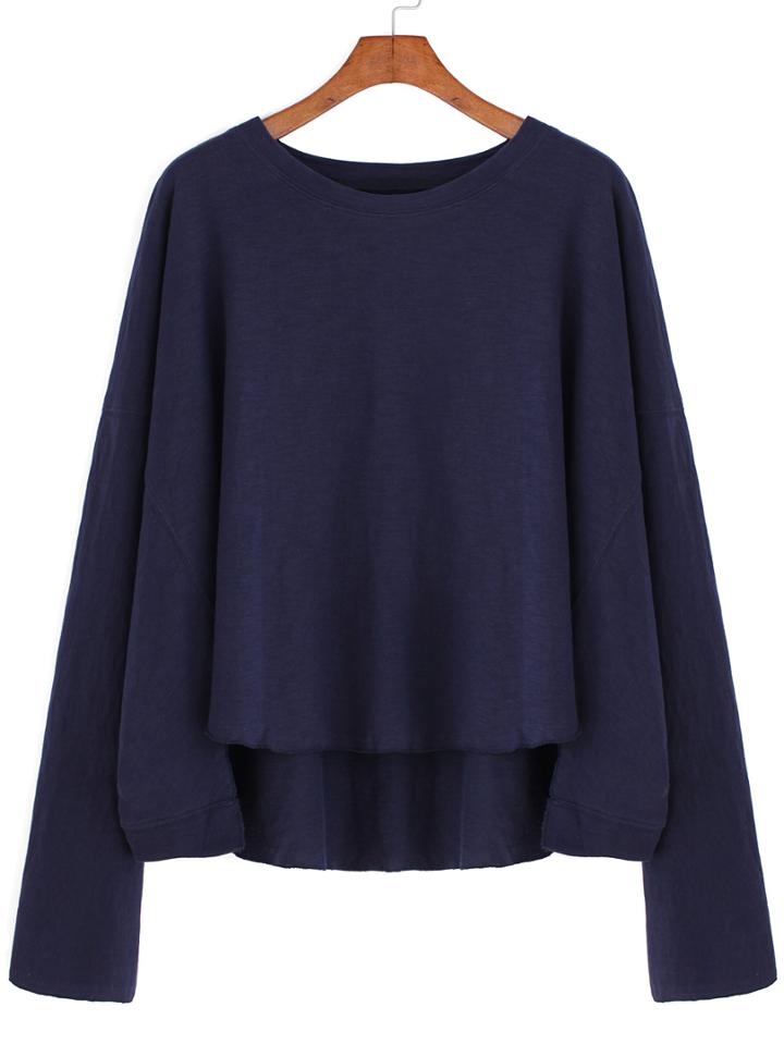 Romwe Dip Hem Letter Print Blue T-shirt