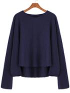 Romwe Dip Hem Letter Print Blue T-shirt