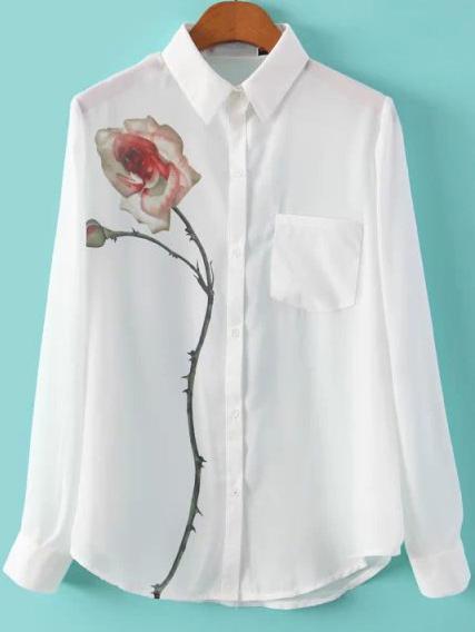 Romwe Rose Print White Blouse