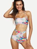 Romwe Multicolor Printed Cutout High-waist Bikini Set