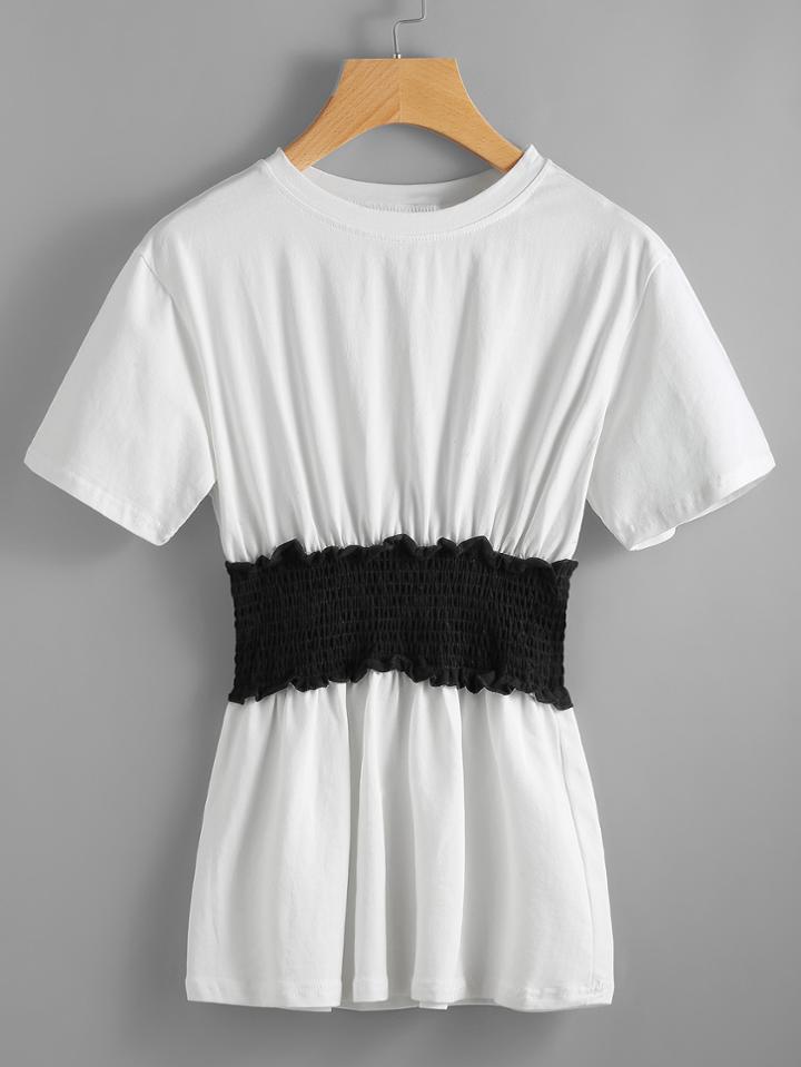 Romwe Elasticated Waistband Shirred Long Tee
