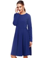 Romwe Royal Blue Pleated Long Sleeve A-line Dress
