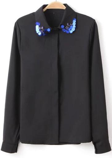 Romwe Black Lapel Long Sleeve Sequined Chiffon Blouse