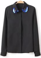 Romwe Black Lapel Long Sleeve Sequined Chiffon Blouse