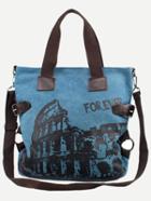 Romwe Blue Colosseum Print Canvas Tote Bag With Strap