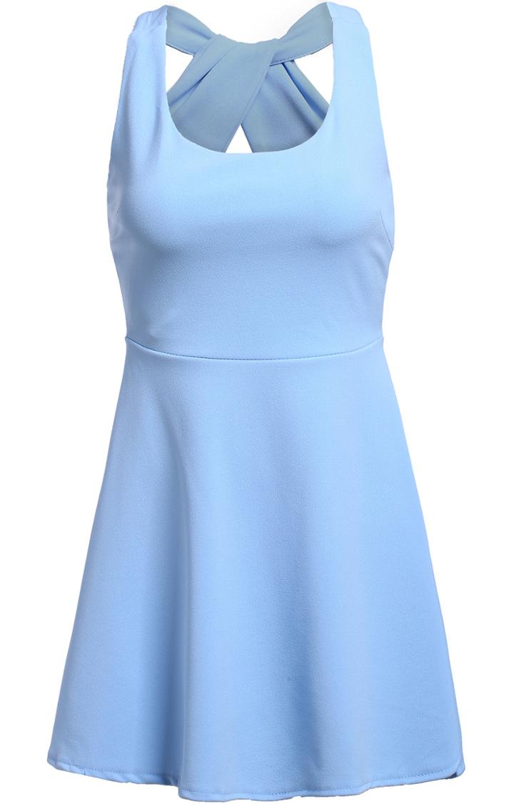 Romwe Sleeveless Criss Cross Hollow Pleated Blue Dress