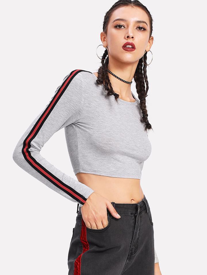 Romwe Striped Sleeve Marled Crop Tee