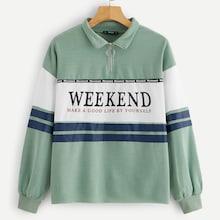 Romwe Letter & Stripe Print Half Placket Sweatshirt