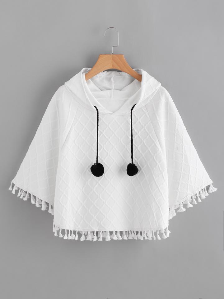 Romwe Pom Pom Hooded Tassel Trim Textured Cape Coat