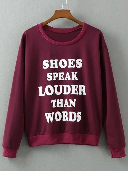 Romwe Burgundy Long Sleeve Letters Print Pullover Sweatshirt