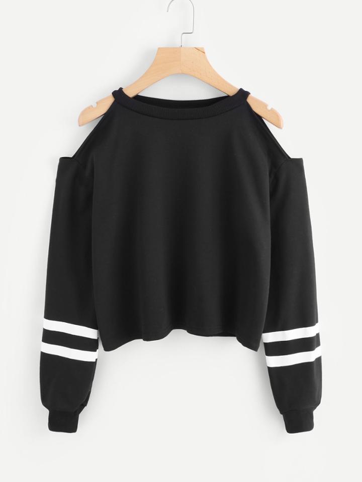 Romwe Cold Shoulder Varsity Striped Sweatshirt
