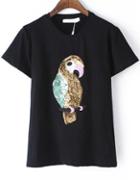 Romwe With Sequined Bird Pattern Black T-shirt