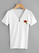 Romwe Rose Embroidered Zip Front T-shirt