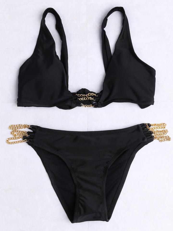 Romwe Black Metal Chain Detail Bikini Set