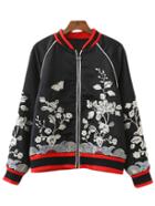 Romwe Black Long Sleeve Zipper Front Embroidery Jacket