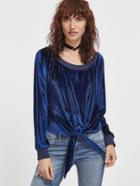 Romwe Royal Blue Scoop Neck Knot Front Velvet Sweatshirt