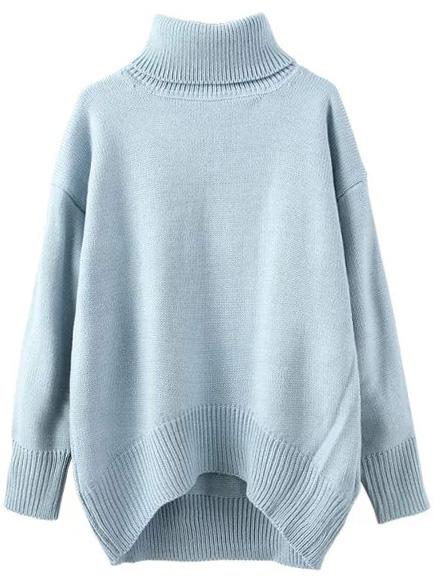Romwe Turtleneck Dropped Shoulder Seam High Low Blue Jumper