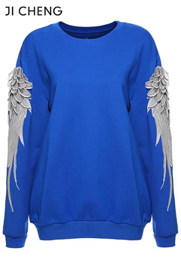 Romwe Wings Embroidered Blue Sweatshirt