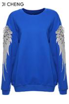 Romwe Wings Embroidered Blue Sweatshirt