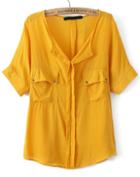 Romwe V Neck Pockets Yellow Blouse