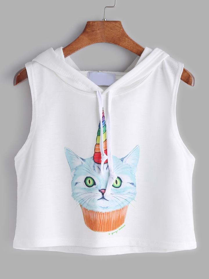Romwe White Hooded Cat Print Crop Tank Top