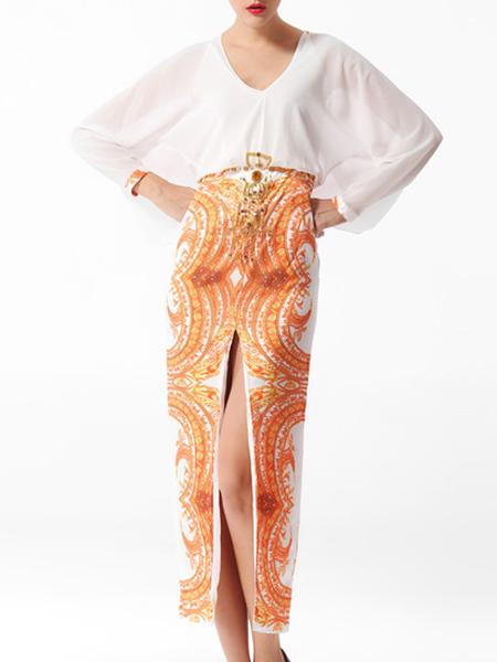 Romwe White V Neck Backless Beading Split Midi Dress