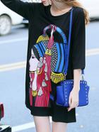 Romwe Black Character Print Beading Shift Dress