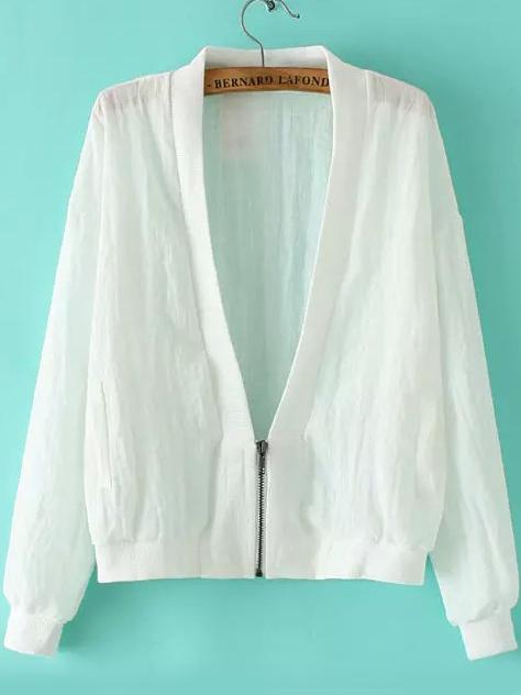 Romwe Deep V Neck Zipper White Coat