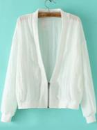Romwe Deep V Neck Zipper White Coat