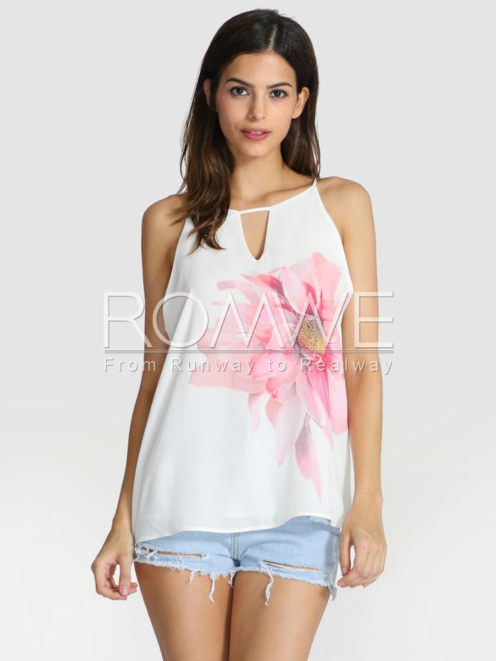Romwe White Spaghetti Strap Flower Print Cami Top