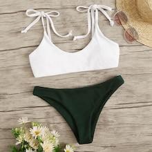 Romwe Tie Shoulder Ribbed Bikini Set