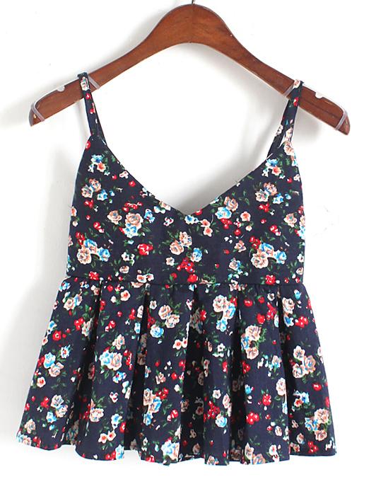 Romwe Navy Spaghetti Strap Florals Pleated Cami Top