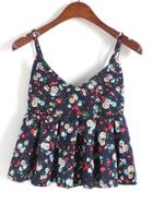 Romwe Navy Spaghetti Strap Florals Pleated Cami Top