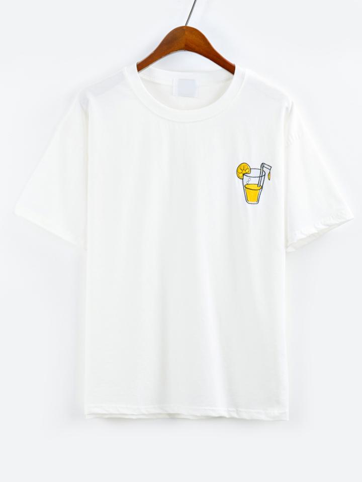 Romwe Lemon Juice Embroidered T-shirt - White