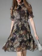 Romwe Multicolor Tie Neck Floral A-line Dress