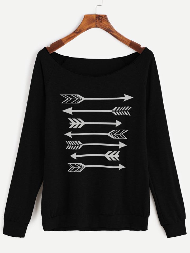 Romwe Black Arrow Print Scoop Neck Raglan Sleeve Sweatshirt