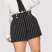 Romwe Plus Double Breasted Slant Pocket Pinstripe Shorts