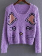 Romwe Purple Cat Pattern Drop Shoulder Crop Sweater