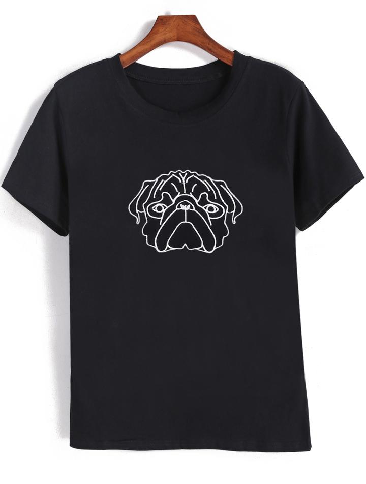 Romwe Dog Embroidered Black T-shirt