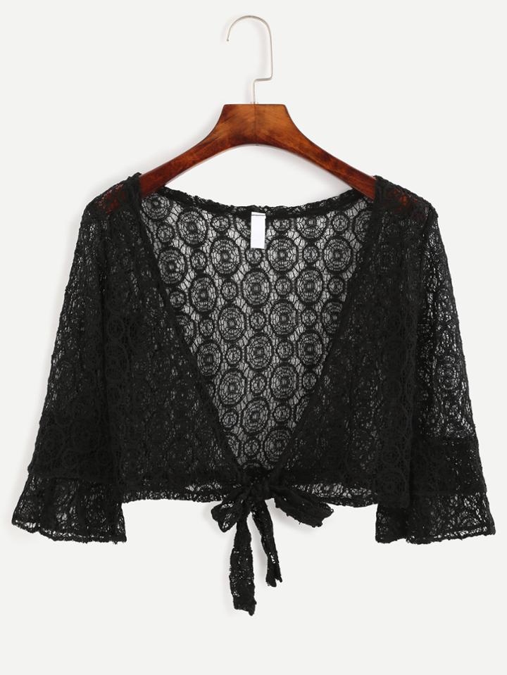 Romwe Black Tie Front Hollow Out Crochet Top