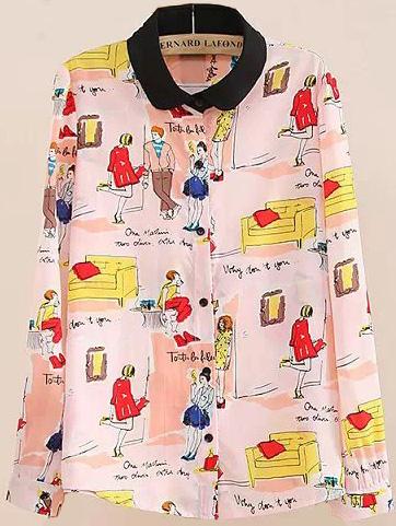 Romwe Contrast Collar Cartoon Characters Print White Blouse