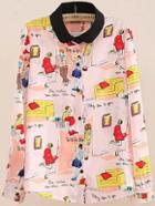 Romwe Contrast Collar Cartoon Characters Print White Blouse