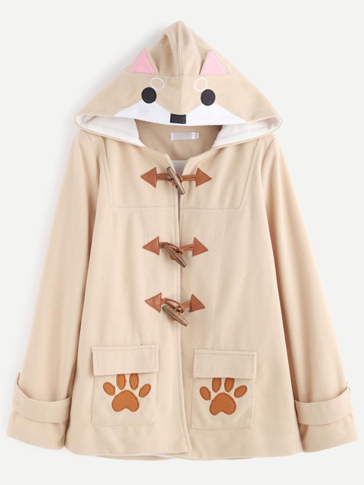Romwe Apricot Cartoon Embroidery Horn Button Pocket Hooded Coat
