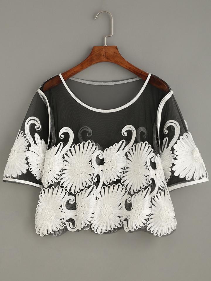 Romwe Black Contrast Daisy Applique Crop Mesh Top